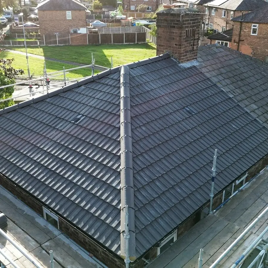Finished tiled hip roof with new dry hip, from the scaffold