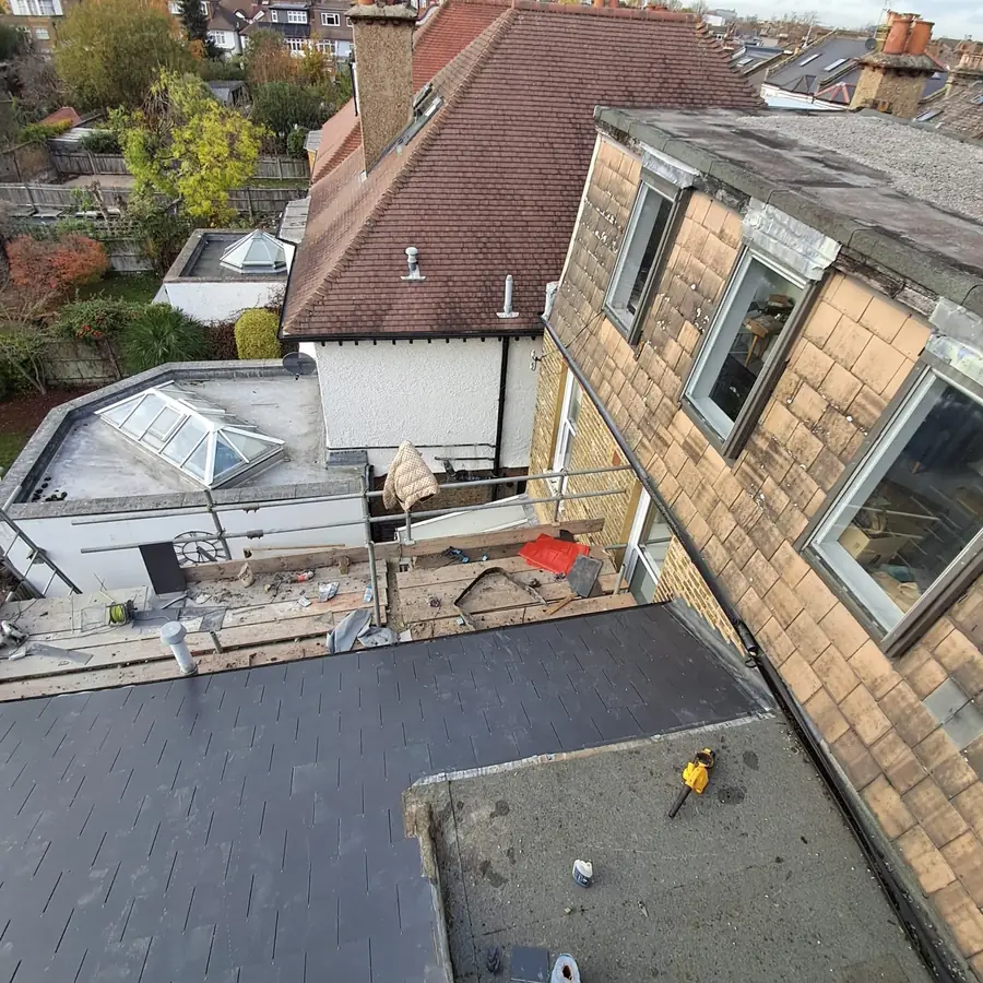 Finished flat roof on a dormer above terraced houses