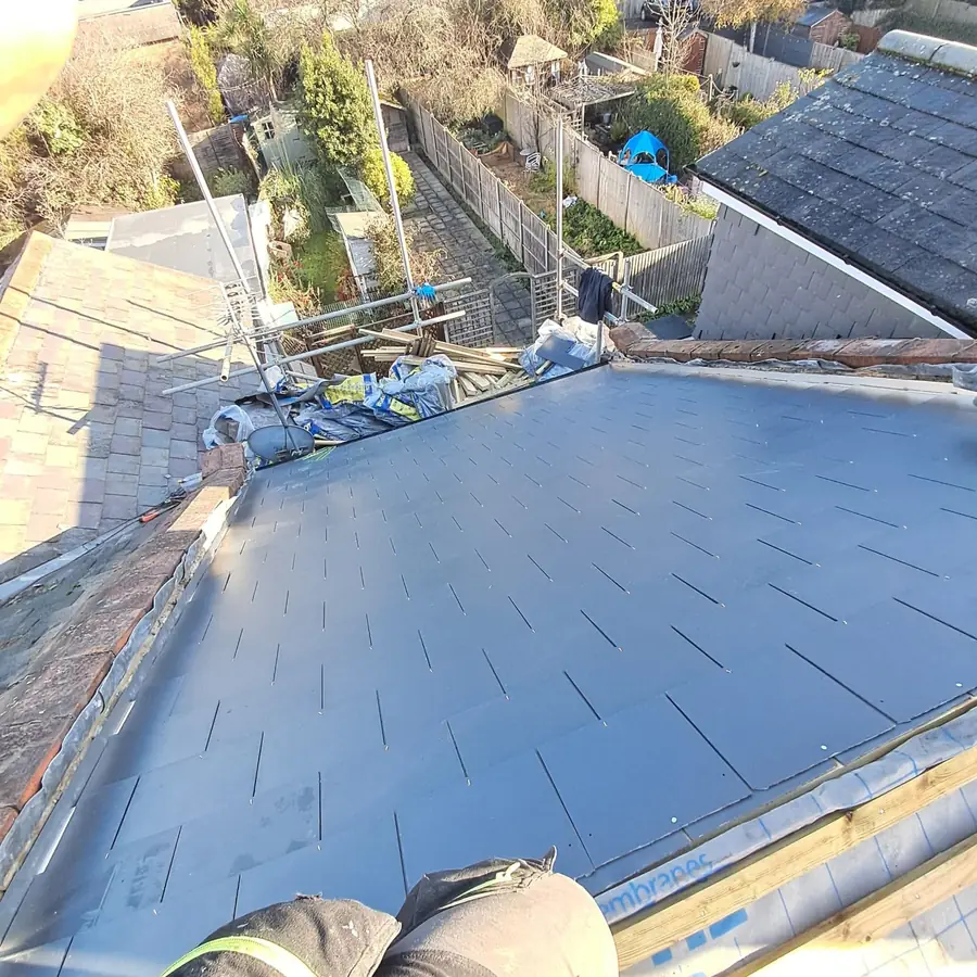 Grey slate roof finished on a terrace
